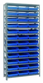 The Quantum Shelving Unit, measuring 12D x 36L x 75H, features a heavy-duty design with each shelf supporting up to 400 lbs. It includes (13) shelves and comes with (36) blue QSB109 bins sized at 11-5/8L x 11-1/8W x 4H. The unit is constructed from galvanized steel and includes uprights and cross bars.