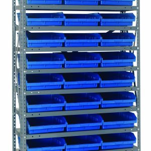 The Quantum Shelving Unit, measuring 12D x 36L x 75H, features a heavy-duty design with each shelf supporting up to 400 lbs. It includes (13) shelves and comes with (36) blue QSB109 bins sized at 11-5/8L x 11-1/8W x 4H. The unit is constructed from galvanized steel and includes uprights and cross bars.