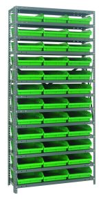 The Quantum Shelving Unit features a tall, galvanized steel frame with 13 shelves holding 36 vibrant green bins (QSB109) measuring 11-5/8L x 11-1/8W x 4H. With a heavy-duty design and a load capacity of 400 lbs per shelf, it offers an organized and efficient storage solution.