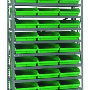 The Quantum Shelving Unit features a tall, galvanized steel frame with 13 shelves holding 36 vibrant green bins (QSB109) measuring 11-5/8L x 11-1/8W x 4H. With a heavy-duty design and a load capacity of 400 lbs per shelf, it offers an organized and efficient storage solution.