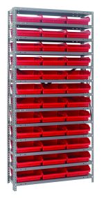 The Quantum Shelving Unit, measuring 12D x 36L x 75H, features 13 heavy-duty galvanized steel shelves with a load capacity of 400 lbs each. It includes (36) red QSB109 bins arranged in an organized grid pattern.