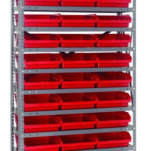 The Quantum Shelving Unit, measuring 12D x 36L x 75H, features 13 heavy-duty galvanized steel shelves with a load capacity of 400 lbs each. It includes (36) red QSB109 bins arranged in an organized grid pattern.