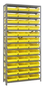 The Quantum Shelving Unit, 12D X 36L X 75H, features a heavy-duty galvanized steel frame with a 400 lb. load capacity per shelf. It includes 13 shelves and 36 bright yellow bins (11-5/8L X 11-1/8W X 4H) that are set against a stark white background for enhanced visibility.
