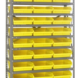 The Quantum Shelving Unit, 12D X 36L X 75H, features a heavy-duty galvanized steel frame with a 400 lb. load capacity per shelf. It includes 13 shelves and 36 bright yellow bins (11-5/8L X 11-1/8W X 4H) that are set against a stark white background for enhanced visibility.