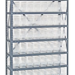The Quantum Shelving Unit measures 12D x 36L x 75H, holds up to 400 lbs per shelf, and includes ten shelves with 72 QSB201 clear black bins. Its galvanized steel finish and precisely arranged bins create a neatly organized metallic gray appearance.