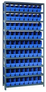 The Quantum Shelving Unit, measuring 12D x 36L x 75H, includes 10 shelves and holds up to 400 lbs per shelf. It features galvanized steel construction with uprights and cross bars. A total of 72 QSB201 blue plastic bins (11-5/8L x 4-1/8W x 6H) are organized within this efficient storage solution.