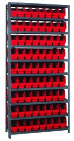 The Quantum Shelving Unit (12D x 36L x 75H) is a heavy-duty system with ten shelves, each supporting up to 400 lbs. It includes galvanized steel uprights and crossbars plus 72 bright red Qsb201 bins (11-5/8L x 4-1/8W x 6H), designed for optimal organization and storage.