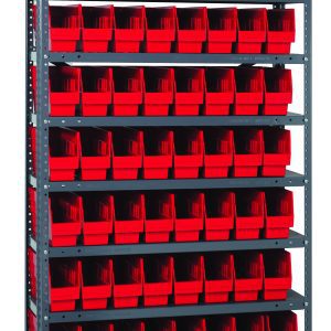 The Quantum Shelving Unit (12D x 36L x 75H) is a heavy-duty system with ten shelves, each supporting up to 400 lbs. It includes galvanized steel uprights and crossbars plus 72 bright red Qsb201 bins (11-5/8L x 4-1/8W x 6H), designed for optimal organization and storage.