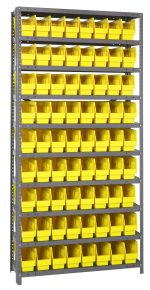A tall Quantum Shelving Unit, 12D x 36L x 75H, features evenly spaced shelves supporting bright yellow QSB201 bins. Equipped with ten shelves and seventy-two bins, the galvanized steel structure ensures a perfectly organized look, each shelf holding up to 400 lbs.