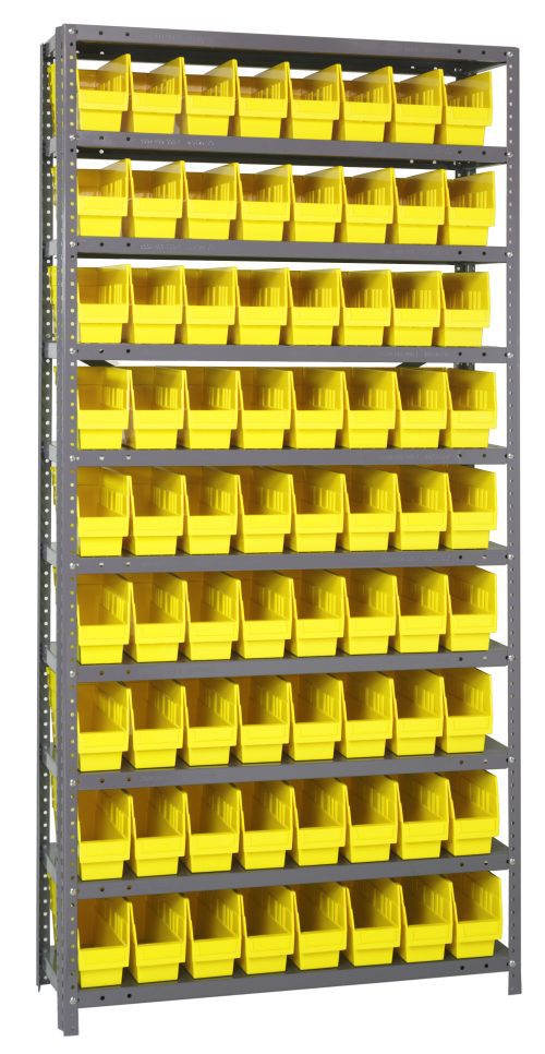 A tall Quantum Shelving Unit, 12D x 36L x 75H, features evenly spaced shelves supporting bright yellow QSB201 bins. Equipped with ten shelves and seventy-two bins, the galvanized steel structure ensures a perfectly organized look, each shelf holding up to 400 lbs.