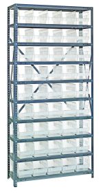 The Quantum Shelving Unit measures 12D x 36L x 75H, with a heavy-duty design and a capacity of 400 lbs per shelf. It includes 10 shelves, each with neatly aligned clear black bins (QSB202) for organized storage, featuring galvanized steel finish and complete uprights and crossbars.