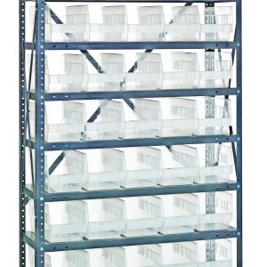 The Quantum Shelving Unit measures 12D x 36L x 75H, with a heavy-duty design and a capacity of 400 lbs per shelf. It includes 10 shelves, each with neatly aligned clear black bins (QSB202) for organized storage, featuring galvanized steel finish and complete uprights and crossbars.