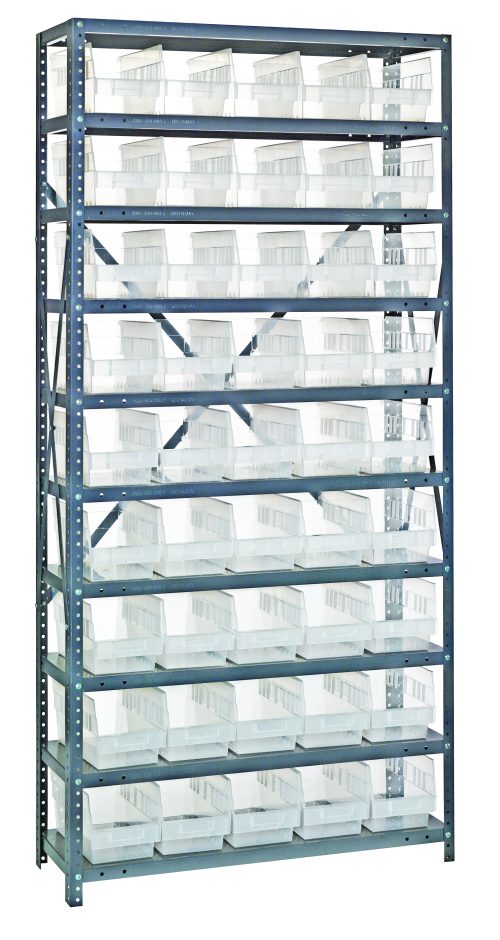 1272-209 Cl The Quantum Shelving Unit measures 12D x 36L x 75H, with a heavy-duty design and a capacity of 400 lbs per shelf. It includes 10 shelves, each with neatly aligned clear black bins (QSB202) for organized storage, featuring galvanized steel finish and complete uprights and crossbars.