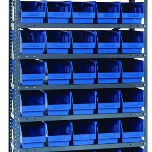 The Quantum Shelving Unit is 12D x 36L x 75H, made of heavy-duty galvanized steel with a 400 lb. capacity per shelf. It includes 10 shelves with 45 blue black bins (11-5/8L x 6-5/8W x 6H), perfect for organizing small parts in workshops or storerooms.