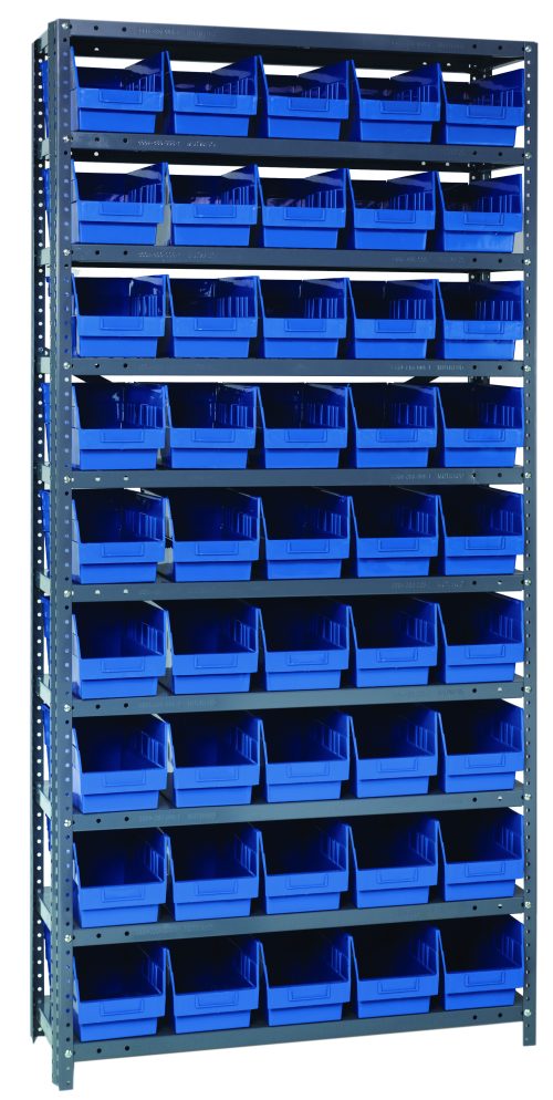 The Quantum Shelving Unit is 12D x 36L x 75H, made of heavy-duty galvanized steel with a 400 lb. capacity per shelf. It includes 10 shelves with 45 blue black bins (11-5/8L x 6-5/8W x 6H), perfect for organizing small parts in workshops or storerooms.