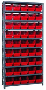 The Quantum Shelving Unit measures 12D x 36L x 75H with ten shelves and holds 45 red and black bins (QSB202), each 11-5/8L x 6-5/8W x 6H. It features a heavy-duty, industrial design with galvanized steel, perfect for organizing tools or small parts, supporting up to 400 lbs per shelf.