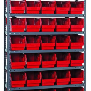 The Quantum Shelving Unit measures 12D x 36L x 75H with ten shelves and holds 45 red and black bins (QSB202), each 11-5/8L x 6-5/8W x 6H. It features a heavy-duty, industrial design with galvanized steel, perfect for organizing tools or small parts, supporting up to 400 lbs per shelf.