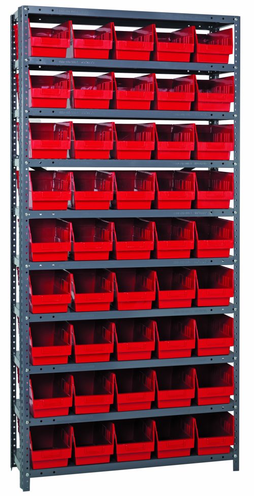 The Quantum Shelving Unit measures 12D x 36L x 75H with ten shelves and holds 45 red and black bins (QSB202), each 11-5/8L x 6-5/8W x 6H. It features a heavy-duty, industrial design with galvanized steel, perfect for organizing tools or small parts, supporting up to 400 lbs per shelf.