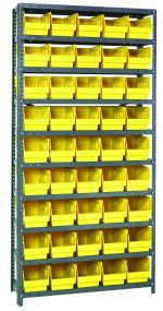 The Quantum Shelving Unit is a heavy-duty storage solution with a 400 lb. load capacity per shelf and measures 12D x 36L x 75H. It includes (10) shelves and (45) yellow black bins sized 11-5/8L x 6-5/8W x 6H (QSB202), ideal for organizing small items or tools.