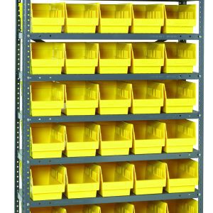 The Quantum Shelving Unit is a heavy-duty storage solution with a 400 lb. load capacity per shelf and measures 12D x 36L x 75H. It includes (10) shelves and (45) yellow black bins sized 11-5/8L x 6-5/8W x 6H (QSB202), ideal for organizing small items or tools.