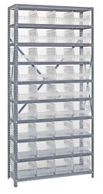The Quantum Shelving Unit is a tall, heavy-duty galvanized steel shelving system measuring 12D x 36L x 75H. It features ten shelves, each with a 400 lb. load capacity, and includes cross-braced uprights for stability. The unit comes with thirty-six clear black bins sized at 11-5/8L x 8-3/8W x 6H (Qsb207).