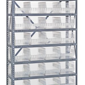 The Quantum Shelving Unit is a tall, heavy-duty galvanized steel shelving system measuring 12D x 36L x 75H. It features ten shelves, each with a 400 lb. load capacity, and includes cross-braced uprights for stability. The unit comes with thirty-six clear black bins sized at 11-5/8L x 8-3/8W x 6H (Qsb207).