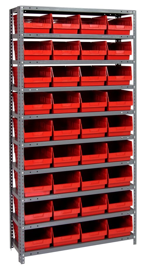 The Quantum Shelving Unit features a robust galvanized steel frame measuring 12D x 36L x 75H, supports up to 400 lbs. per shelf, and includes 10 shelves with 36 red black bins (11-5/8L x 8-3/8W x 6H QSB207) for optimal organization of small items.