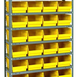 The Quantum Shelving Unit measures 12D x 36L x 75H with a galvanized steel finish. It includes (10) shelves, each holding up to 400 lb., and comes with (36) yellow and black bins for organizing tools or small parts.