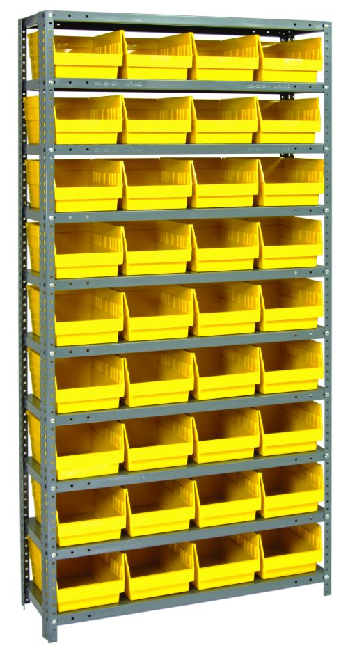 The Quantum Shelving Unit measures 12D x 36L x 75H with a galvanized steel finish. It includes (10) shelves, each holding up to 400 lb., and comes with (36) yellow and black bins for organizing tools or small parts.