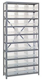 The Quantum Shelving Unit, measuring 12D x 36L x 75H with a heavy-duty galvanized steel finish, supports 400 lbs. per shelf and includes 10 shelves with (27) clear black bins (QSB209), each sized 11-5/8L x 11-1/8W x 6H, offering an organized and symmetrical storage solution.
