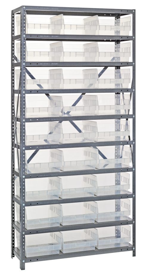 The Quantum Shelving Unit, measuring 12D x 36L x 75H with a heavy-duty galvanized steel finish, supports 400 lbs. per shelf and includes 10 shelves with (27) clear black bins (QSB209), each sized 11-5/8L x 11-1/8W x 6H, offering an organized and symmetrical storage solution.