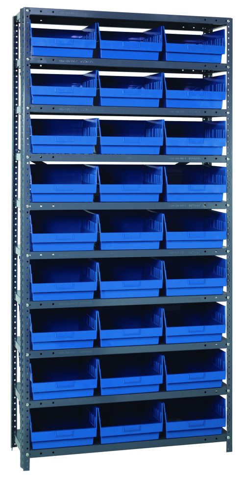 A Quantum Shelving Unit, 12D x 36L x 75H, features heavy-duty construction with a 400 lb. load capacity per shelf. It includes (10) shelves and (27) blue QSB209 bins (11-5/8L x 11-1/8W x 6H), arranged in rows on galvanized steel uprights and cross bars.
