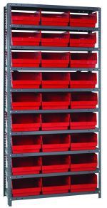 The Quantum Shelving Unit, measuring 12D x 36L x 75H, features a galvanized steel finish with ten shelves and a heavy-duty 400 lb. load capacity per shelf. It includes twenty-seven red Qsb209 bins for organized storage against a white background.