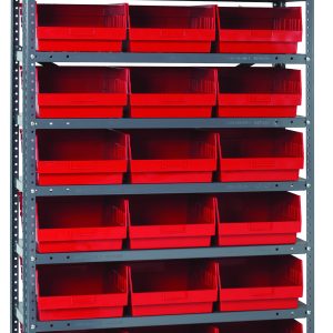 The Quantum Shelving Unit, measuring 12D x 36L x 75H, features a galvanized steel finish with ten shelves and a heavy-duty 400 lb. load capacity per shelf. It includes twenty-seven red Qsb209 bins for organized storage against a white background.