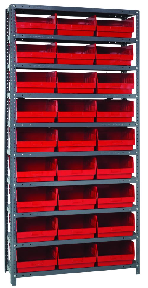 1275-209_RD.jpg The Quantum Shelving Unit, measuring 12D x 36L x 75H, features a galvanized steel finish with ten shelves and a heavy-duty 400 lb. load capacity per shelf. It includes twenty-seven red Qsb209 bins for organized storage against a white background.