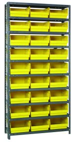 The Quantum Shelving Unit, 12D x 36L x 75H, features galvanized steel with a load capacity of 400 lbs per shelf. It includes ten shelves and twenty-seven yellow QSB209 bins (11-5/8L x 11-1/8W x 6H), ensuring a clean, organized display against a plain white background.