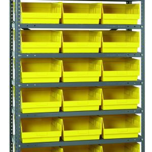The Quantum Shelving Unit, 12D x 36L x 75H, features galvanized steel with a load capacity of 400 lbs per shelf. It includes ten shelves and twenty-seven yellow QSB209 bins (11-5/8L x 11-1/8W x 6H), ensuring a clean, organized display against a plain white background.