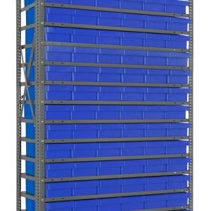 The Quantum Shelving Unit, measuring 12D x 36L x 75H, features a galvanized steel finish and has 19 heavy-duty shelves with a load capacity of 400 lbs each. It includes diagonal support beams and comes with 27 QED401 blue-black bins, each sized at 11-5/8L x 5-9/16W x 2-1/8H.