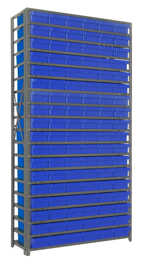 The Quantum Shelving Unit, measuring 12D x 36L x 75H, features a galvanized steel finish and has 19 heavy-duty shelves with a load capacity of 400 lbs each. It includes diagonal support beams and comes with 27 QED401 blue-black bins, each sized at 11-5/8L x 5-9/16W x 2-1/8H.