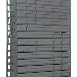 The Quantum Shelving Unit, with 19 heavy-duty shelves and 27 gray-black bins, is perfect for organizing tools or small parts in a workshop or garage. Made of galvanized steel and measuring 12D x 36L x 75H, it offers a sturdy industrial design with a 400 lb load capacity per shelf.