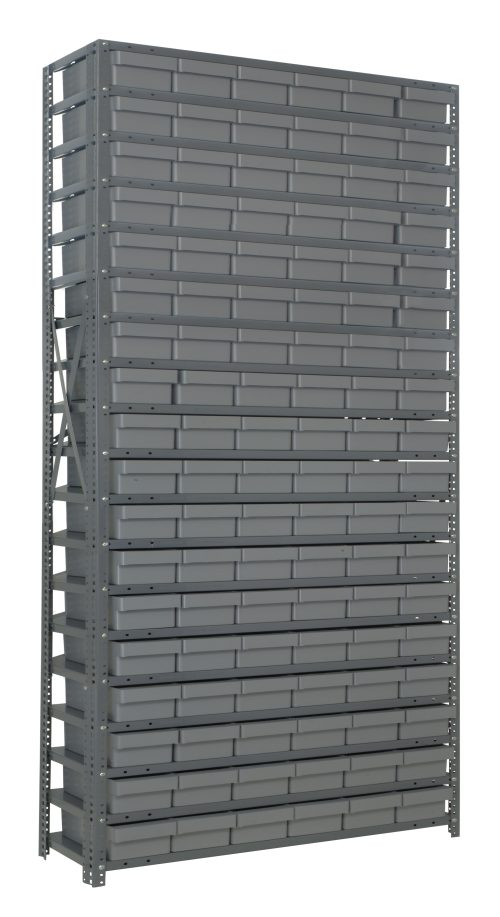 The Quantum Shelving Unit, with 19 heavy-duty shelves and 27 gray-black bins, is perfect for organizing tools or small parts in a workshop or garage. Made of galvanized steel and measuring 12D x 36L x 75H, it offers a sturdy industrial design with a 400 lb load capacity per shelf.