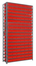 The Quantum Shelving Unit, measuring 12D x 36L x 75H, supports 400 lbs per shelf. It includes (27) QED401 red black bins and features a durable galvanized steel finish reinforced with uprights, cross bars, and side cross-bracing for efficient space utilization.