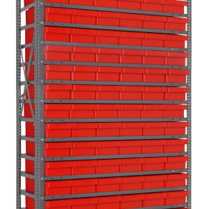 The Quantum Shelving Unit, measuring 12D x 36L x 75H, supports 400 lbs per shelf. It includes (27) QED401 red black bins and features a durable galvanized steel finish reinforced with uprights, cross bars, and side cross-bracing for efficient space utilization.