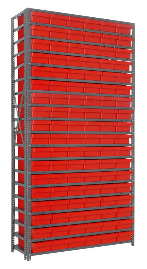 The Quantum Shelving Unit, measuring 12D x 36L x 75H, supports 400 lbs per shelf. It includes (27) QED401 red black bins and features a durable galvanized steel finish reinforced with uprights, cross bars, and side cross-bracing for efficient space utilization.