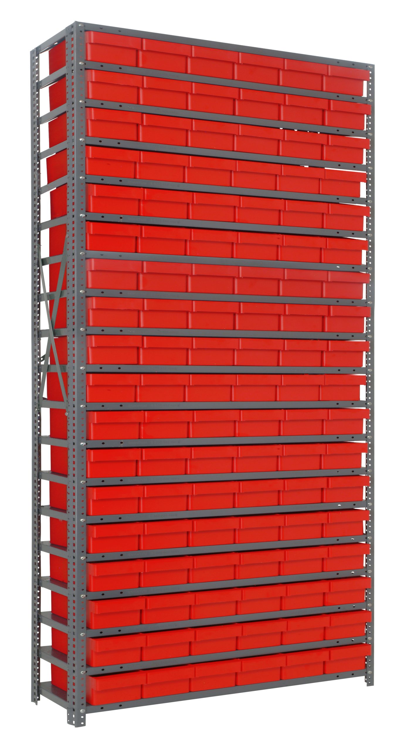 Shelving Unit, 12"D X 36"L X 75"H, Heavy Duty, 400 Lb. Load Capacity Per Shelf, Includes: (19) Shelves, (27) 11-5/8"L X 5-9/16"W X 2-1/8"H (QED401) Red Black Bins, Uprights And Cross Bars, Galvanized Steel Finish