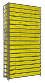 The Quantum Shelving Unit, measuring 12D x 36L x 75H with a 400 lb. load capacity per shelf, includes 19 shelves and comes with (27) QED401 yellow black bins (11-5/8L x 5-9/16W x 2-1/8H) for efficient storage. It features uprights and cross bars in a galvanized steel finish.