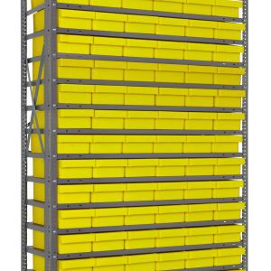 The Quantum Shelving Unit, measuring 12D x 36L x 75H with a 400 lb. load capacity per shelf, includes 19 shelves and comes with (27) QED401 yellow black bins (11-5/8L x 5-9/16W x 2-1/8H) for efficient storage. It features uprights and cross bars in a galvanized steel finish.