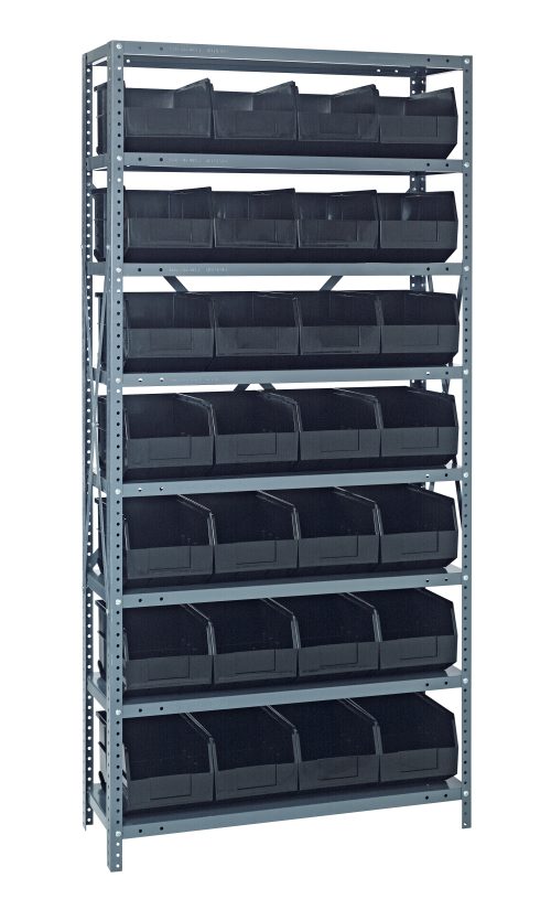 The Quantum Shelving Unit measures 12D x 36L x 75H, supporting 400 lbs. per shelf with a heavy-duty galvanized steel finish. It includes eight shelves, uprights, cross bars, and (28) black bins (12L x 8-1/4W x 7H), ideal for organizing small items in an industrial design.