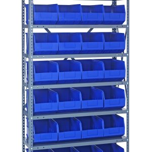 The Quantum Shelving Unit, measuring 12D x 36L x 75H, has eight shelves with a 400 lb load capacity each. It includes 28 blue black bins (12L x 8-1/4W x 7H SSB423) for easy access, featuring a sturdy frame with uprights and cross bars in a galvanized steel finish.