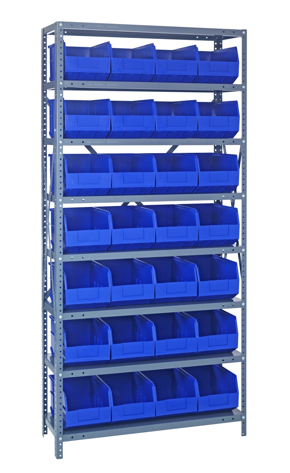Gray steel shelving unit filled with blue stackable plastic bins